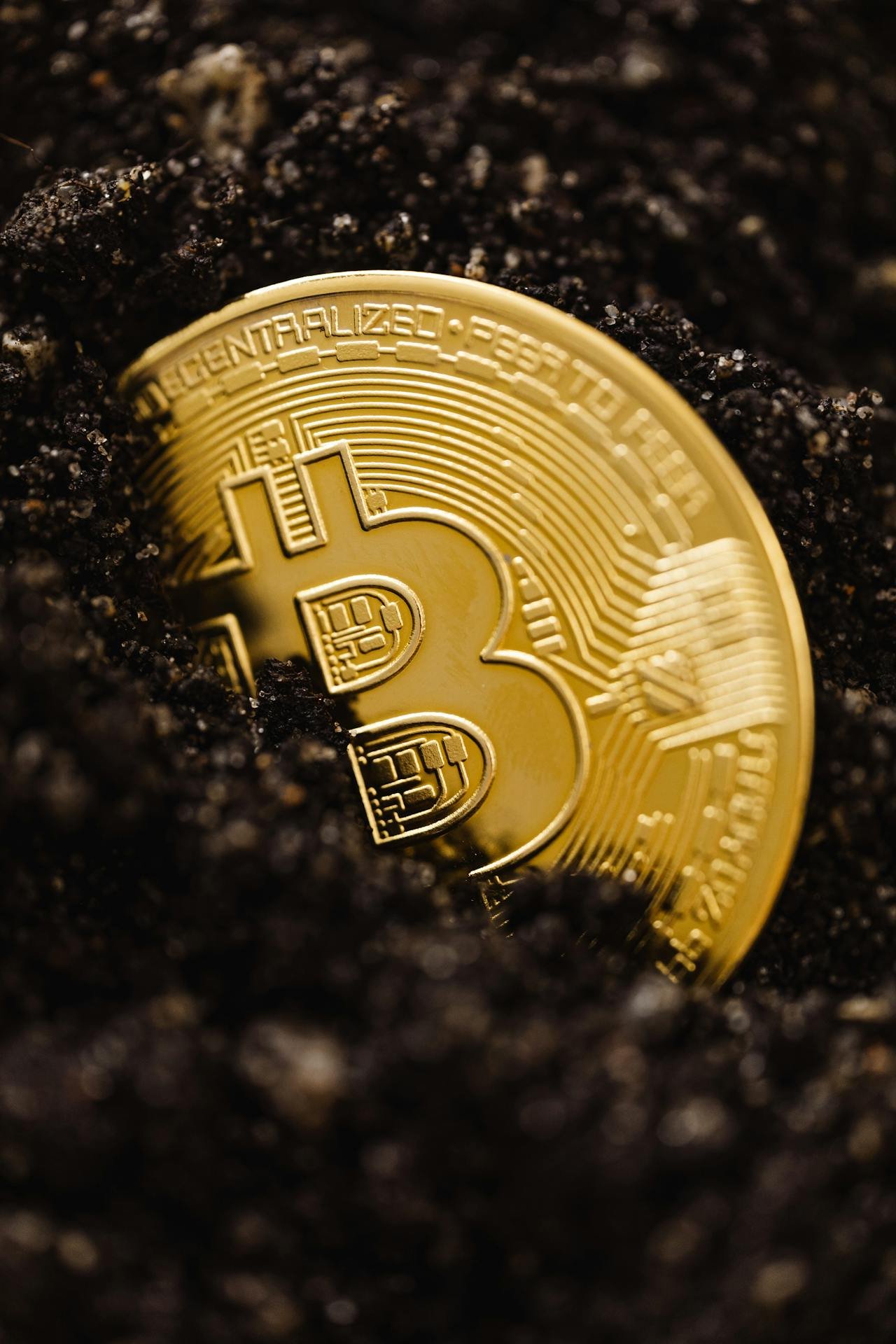 Golden Bitcoin coin partially buried in dark soil representing cryptocurrency growth and investment potential
